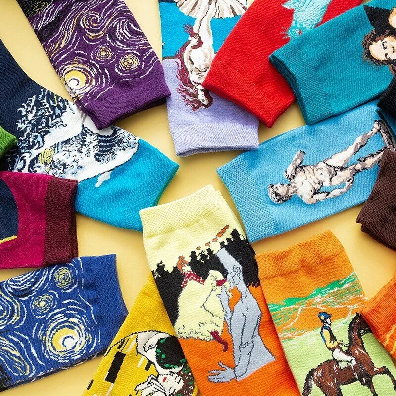 Chaussettes de peinture à l'huile rétro pour hommes et femmes, art mural de Van Gogh, série de peintures à l'huile de renommée mondiale, chaussettes drôles, automne, hiver