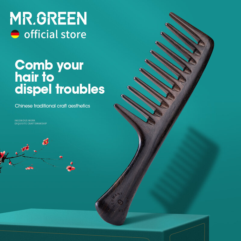 MR.GREEN-peine de madera Natural para cabello mojado, peines de dientes anchos, peine de peinado antiestático para masaje de puntos de acupuntura de cabeza de pelo largo