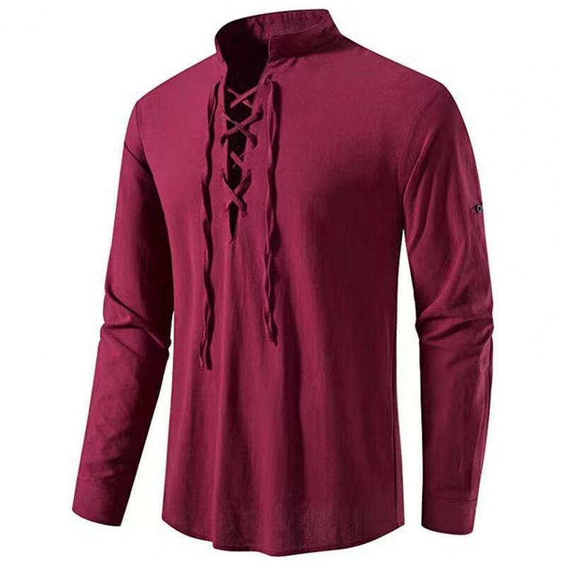 Men Stand Color Lace-up Pullover Tops Roll-up Long Sleeve Vintage Tops Slim Shirt