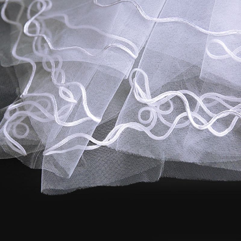 1.5M One-Layer Women Short Fingertip Length Tulle Wedding Veil Spiral Wavy Satin Ribbon Trim Solid Color Sheer Thin Bridal