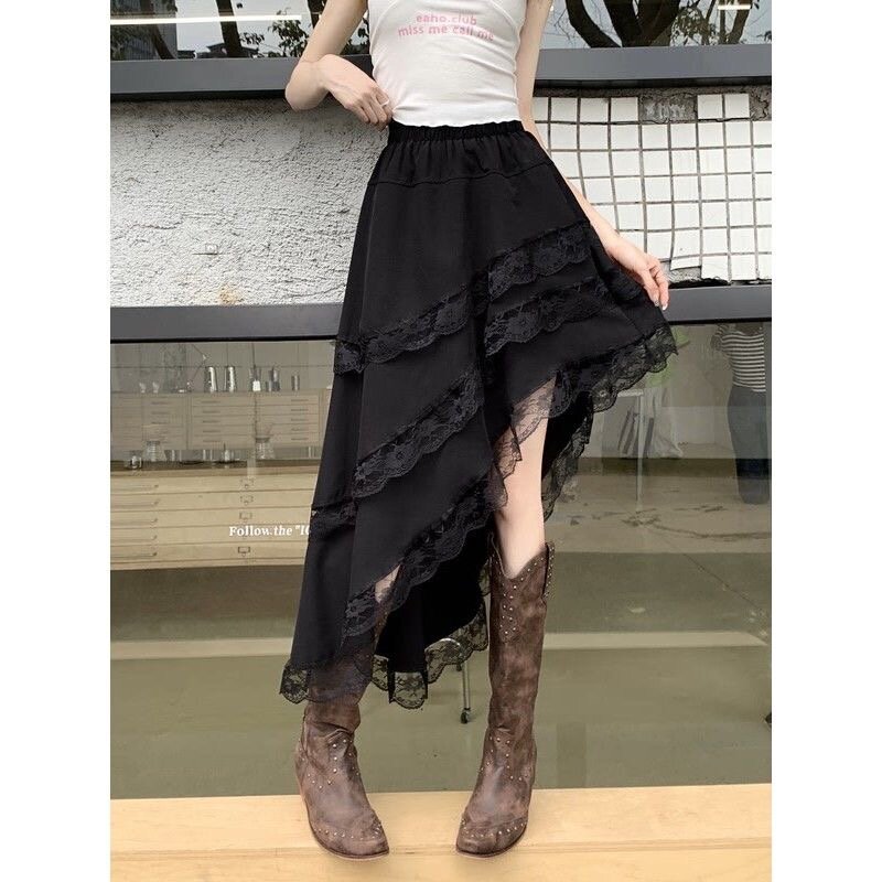 Deeptown-saia irregular com renda plissada para mulheres, saias linha A, estética de retalhos, estilo coreano vintage, saia branca boho elegante, Y2K