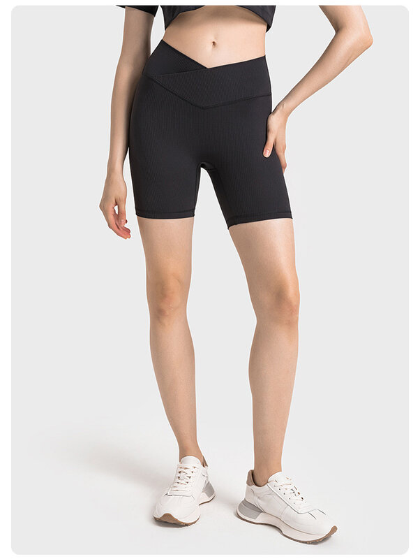 Pantalones cortos deportivos con realce para mujer, Shorts elásticos de cintura alta con Cruz en V para gimnasio