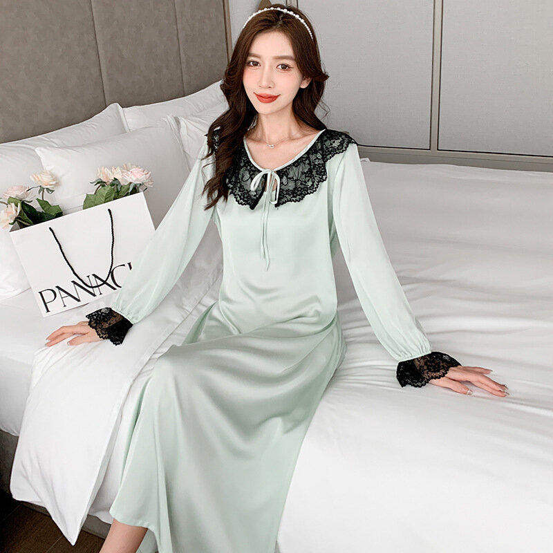 Princesa estilo nightdress feminino 2022 primavera novo laço francês longo sleeved camisola casa vestido de saia longa casa usar pijamas