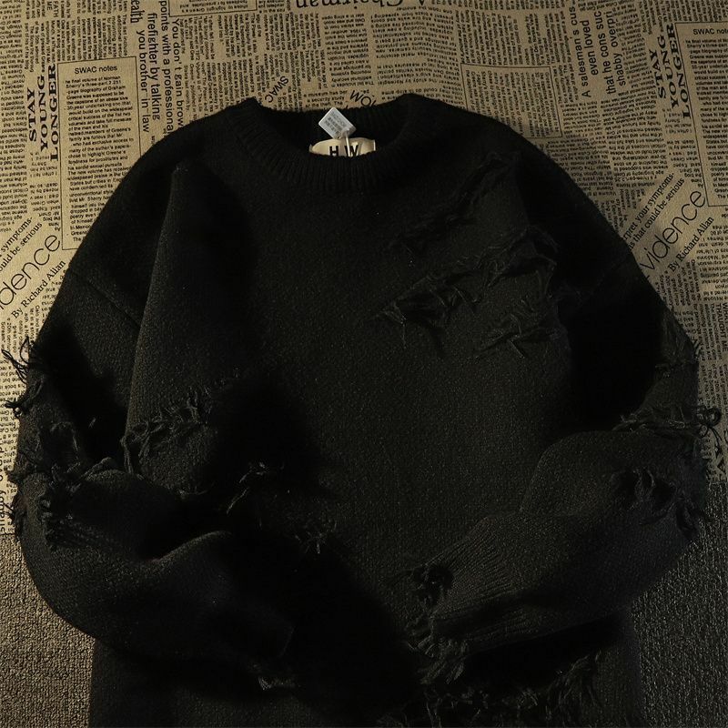 Autumnand y2k Sweater jalanan pria wanita, Sweater longgar lengan panjang Retro berjumbai lubang untuk lelaki dan perempuan 2023