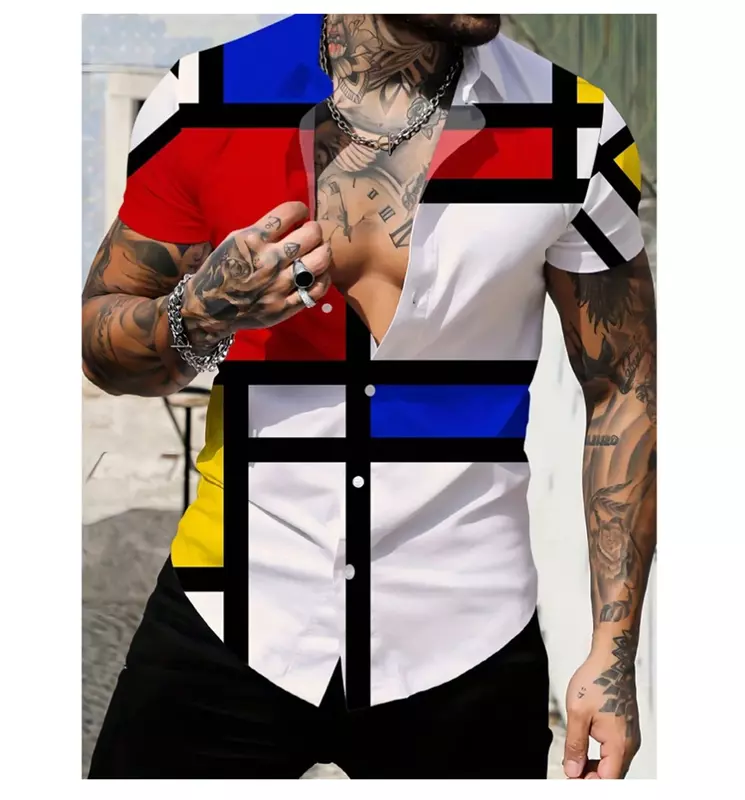 Koszula męska z krótkim rękawem kwadratowa kreatywny nadruk kołnierzyk koszula modna retro street wysokiej jakości wygodna odzież