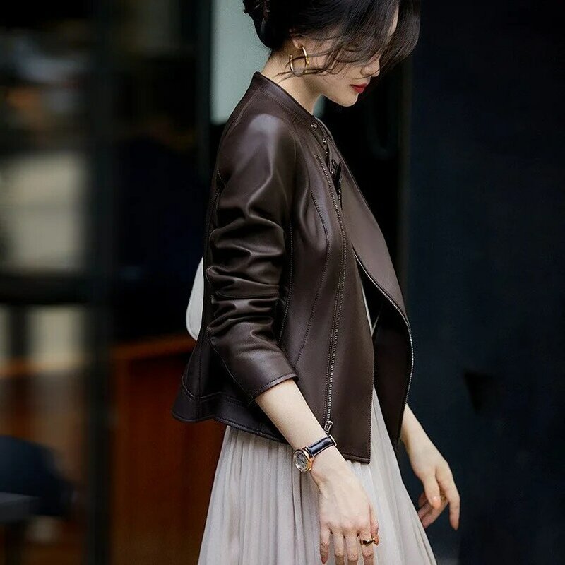 Jaket kulit wanita, jaket kulit asli kerah berdiri baru, mantel Slim Fit Mode Musim Semi dan Gugur
