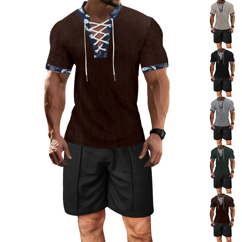 Traje de pana para hombre, camiseta de manga corta, pantalones cortos informales, traje deportivo para verano, 2024
