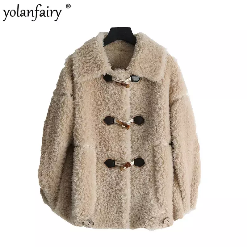 Casaco de lã feminino com fivela de chifre, jaqueta feminina, roupas de outono, casacos de inverno, FCY5067, moda