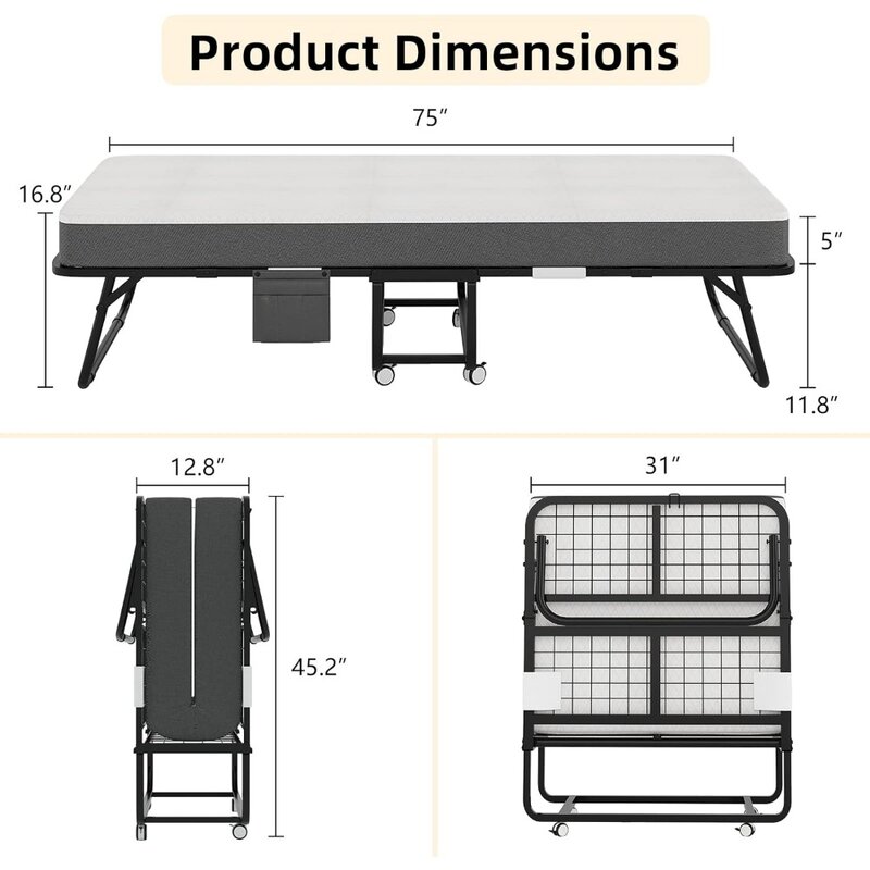 Folding Bed with Mattress - 75" X 31" Portable Day Bed with 5 Inch Memory Foam Mattress and Fabric Storage Bag, Platform Bed