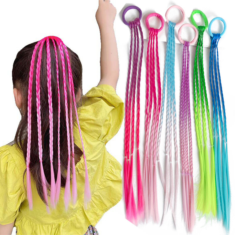 Synthetische Kleurrijke Vlechten Hair Extensions Met Elastiekjes Regenboog Gevlochten Paardenstaart Haarstukjes Voor Kinderen Meisjes