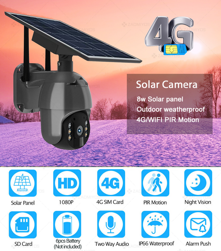 ZAOMIYOS-PTZ Câmera com bateria solar, alarme PIR, detecção de movimento, CCTV impermeável, câmera ao ar livre, cartão SIM, cartão SIM, 1080P, 4G, novo, ZAOMIYOS