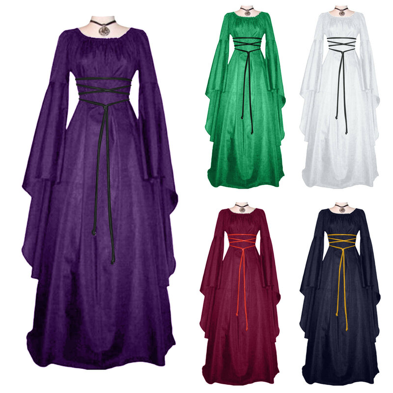 중세 고딕 다크 스타일 레트로 코스프레 긴팔 드레스, 우아한 파티, 할로윈 르네상스 퀸 의상
