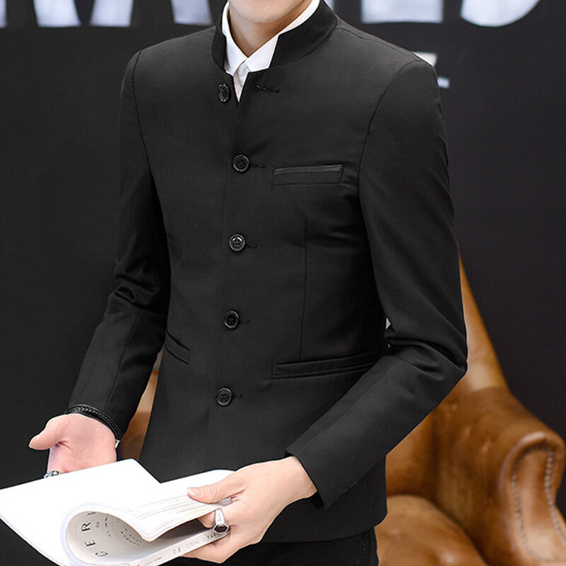 Jaqueta com gola mandarim masculina, blazers casuais masculinos, terno de túnica estilo chinês, peito único, preto, novo, 2022