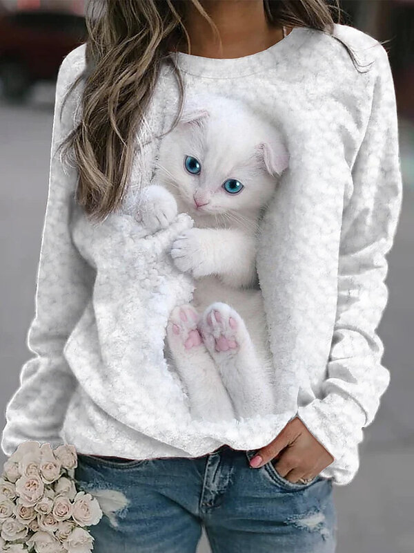 Sweatshirts Frauen Mode 3D-Druck Tier Katzen Mädchen übergroße Trainings anzüge Pullover Mädchen Rundhals ausschnitt Langarm Hoodie Kleidung