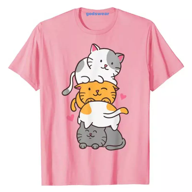 Camiseta gráfica do anime kawaii feminino, camiseta dos desenhos animados, pilha fofa do gatinho, presente Kawaii Neko, roupa estética, blusa casual