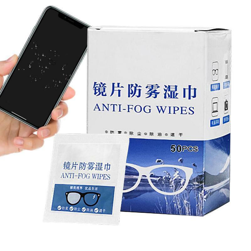 Lens Cleaning Pads 50pcs Eyeglass Lens Anti-Fog Pre-Moistened Pads Indoor Outdoor Eyeglasses Wiping Cloths For Bathroom Mirror