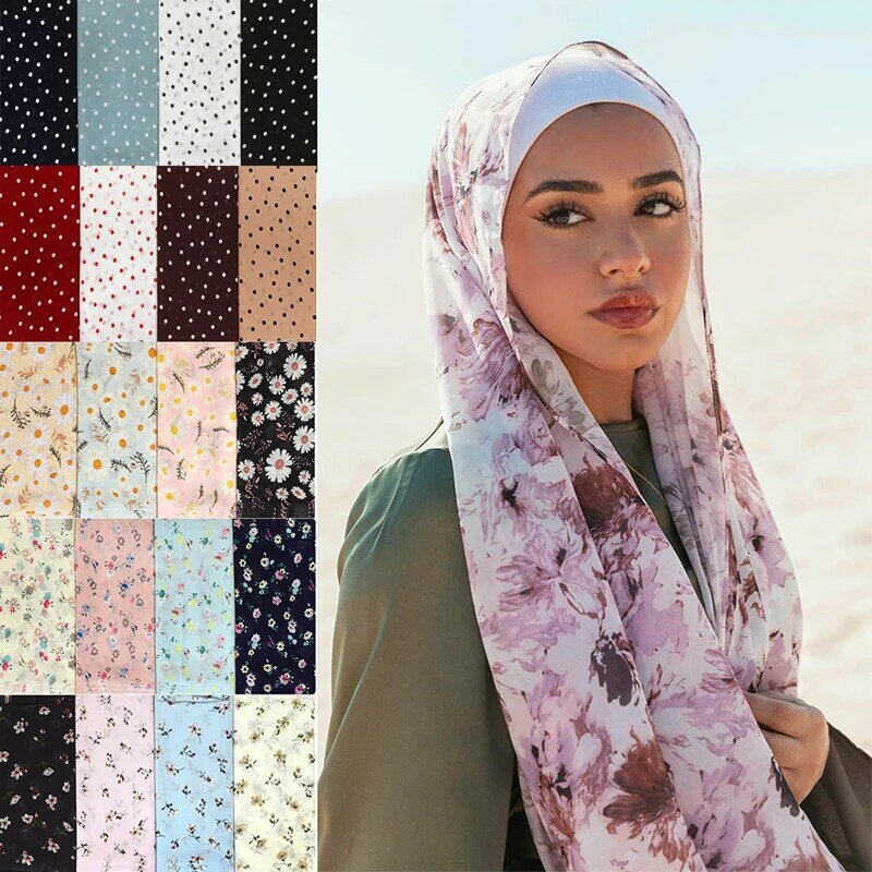 Syal Jilbab Sifon Muslim Wanita Syal Hijab Panjang Motif Muslim Syal Ikat Kepala Arab Islam Lembut Polos Hadiah 70*180CM