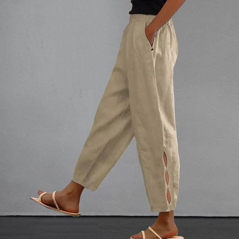 Pantalones de cintura ajustable para mujer, pantalones casuales con estilo, cintura elástica, ajuste de altura media, calados laterales, ropa de calle de verano