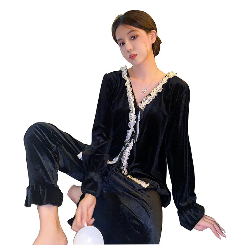 Пижамный комплект Женский бархатный с кружевной отделкой, элегантная одежда для сна, велюровая свободная Ночная сорочка во французском стиле, на осень