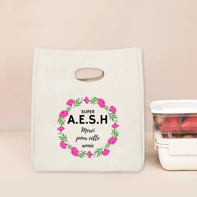 Merci Super AESH drukuj torba chłodząca do drugiego śniadania przenośna ocieplana z płótna torby na Lunch termiczna śniadaniówka pokrowiec prezenty dla AESH