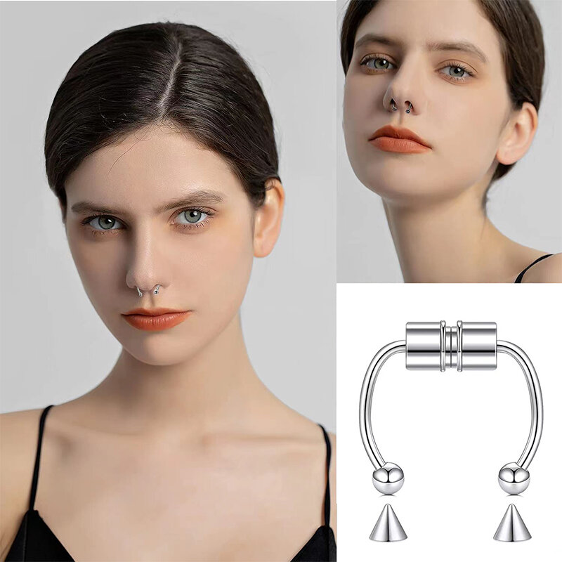 Aço inoxidável Fake Piercing Nose Ring, Septo Hoop Clipe de nariz não perfurante Rock HipHoop Ímã Moda Punk Body Jewelry para mulheres