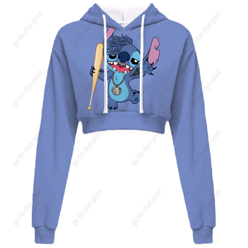 Sudadera con capucha con estampado de Disney Stitch para mujer, ropa de calle ajustada de manga larga, Top corto con ombligo, ropa cómoda