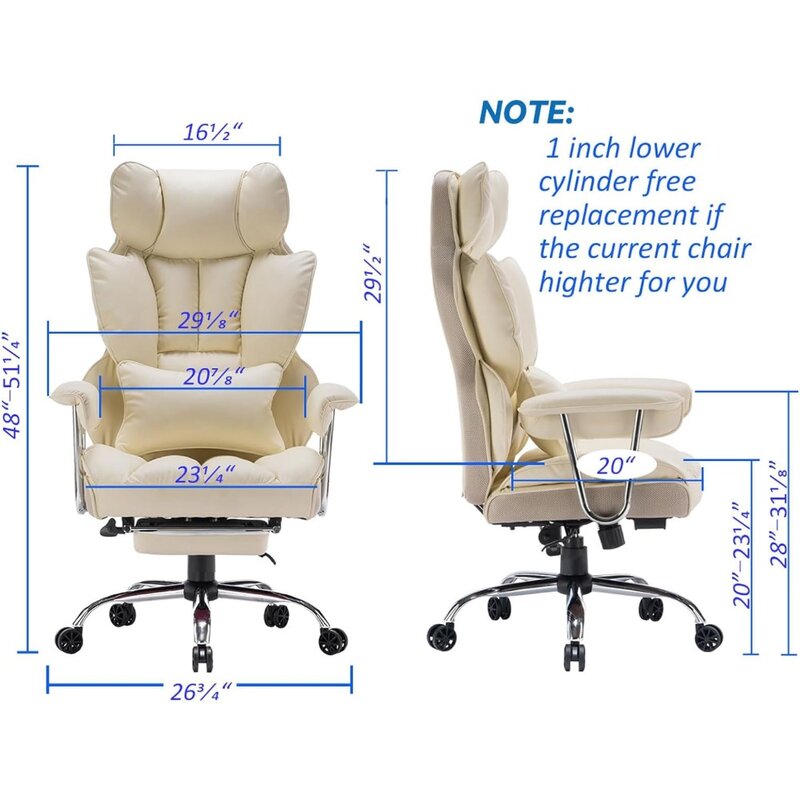 Chaise de bureau en cuir PU, 400lb, grande et grande taille, chaise d'ordinateur, chaise de bureau de direction avec assistance jambe