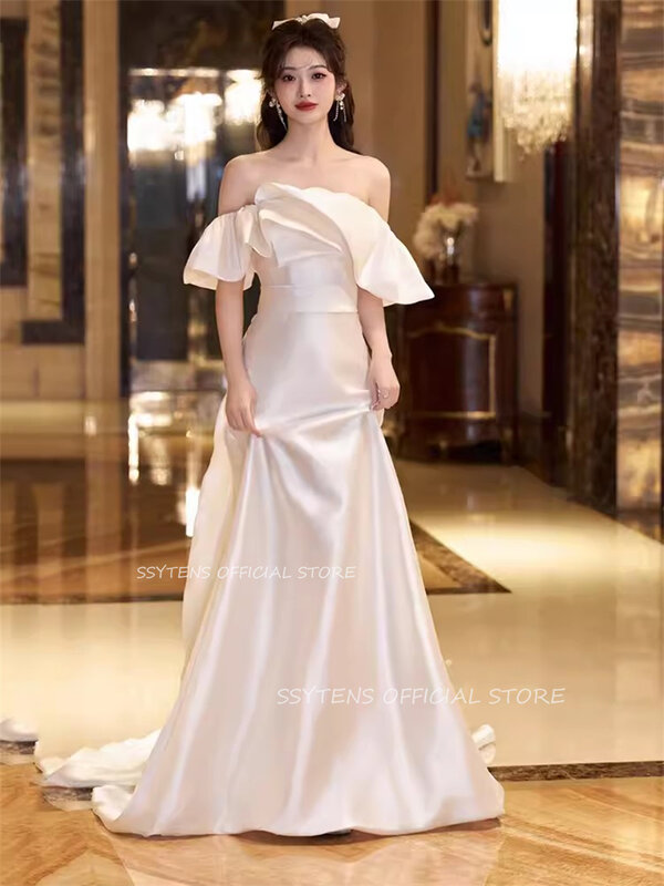 Classic Boat Neck Korea Evening Wedding Dresses for woman Ruffles Photo Shoot Birthday Party Gowns Sexy Off Shoulder Bridal Gown