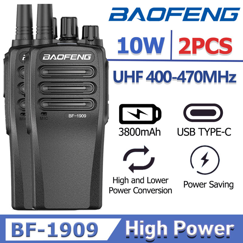 Baofeng BF-1909 Walperforated Talkie 10W Haute Puissance UHF 400-470mhz Radio Bidirectionnelle Type C Chargement Longue Portée CB Radio