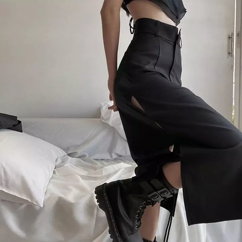 2023 Nieuwe Gothic Vrouwen Midi Rok 2023 Zomer Kantoor Dames Casual Sexy Split Uitgehold Gothic Rokken Zwarte Streetwear Hoge Taille