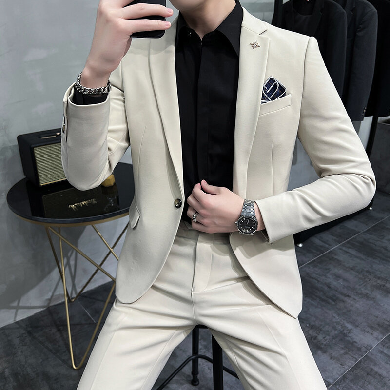 Setelan pakaian pernikahan pria, blazer kasual warna polos Slim Fit, jaket + celana Bisnis Pria 2 potong