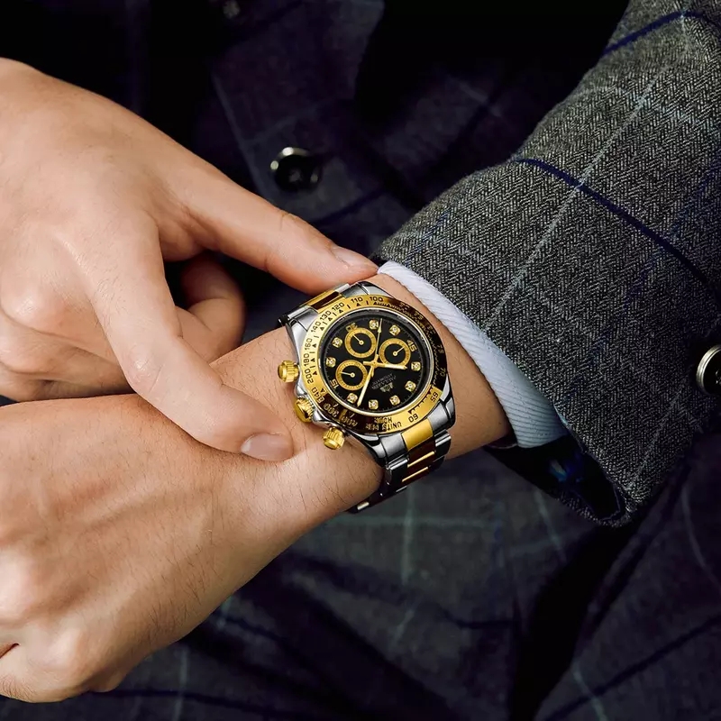 Zegarki automatyczne Self Wind mechaniczny złoty czarny stal nierdzewna diamenty kamień moda sport luksusowy męski zegarek
