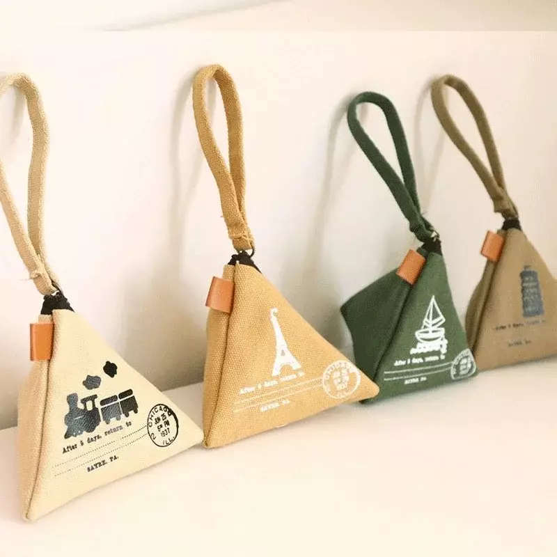 Women's Creative Retro Dumpling Coin Purse Fashion Canvas Cute Coin Purse Key Bags Tower Print Triangle Portable Mini Bag