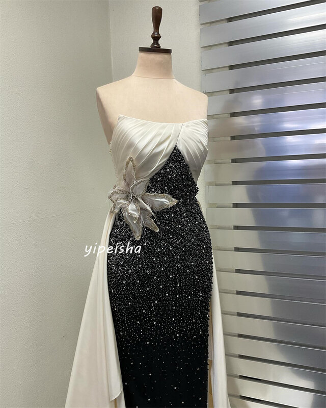 Jersey Flower Sequined Beading Ruched Engagement A-line Strapless Bespoke Occasion Gown Long Dresses