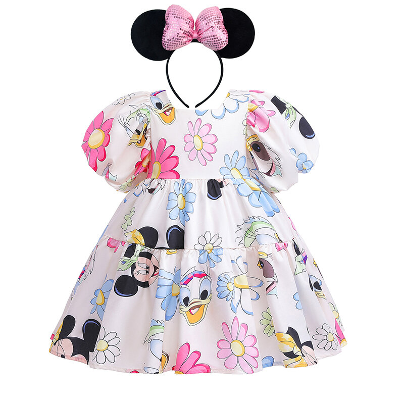 Disney-vestidos de princesa con manga abullonada para niñas, ropa de dibujos animados de Mickey y Minnie Mouse, para fiesta de cumpleaños y graduación, 2023