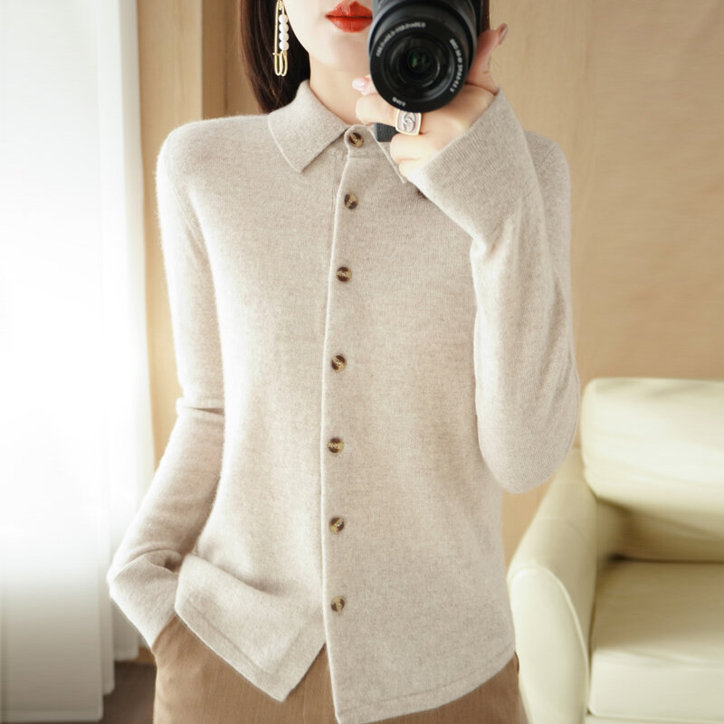 Jaqueta de lã em cardigã para mulheres, suéter solto com gola polo cor sólida camisa de malha de botão, pulôver francês, novo, primavera, 2022