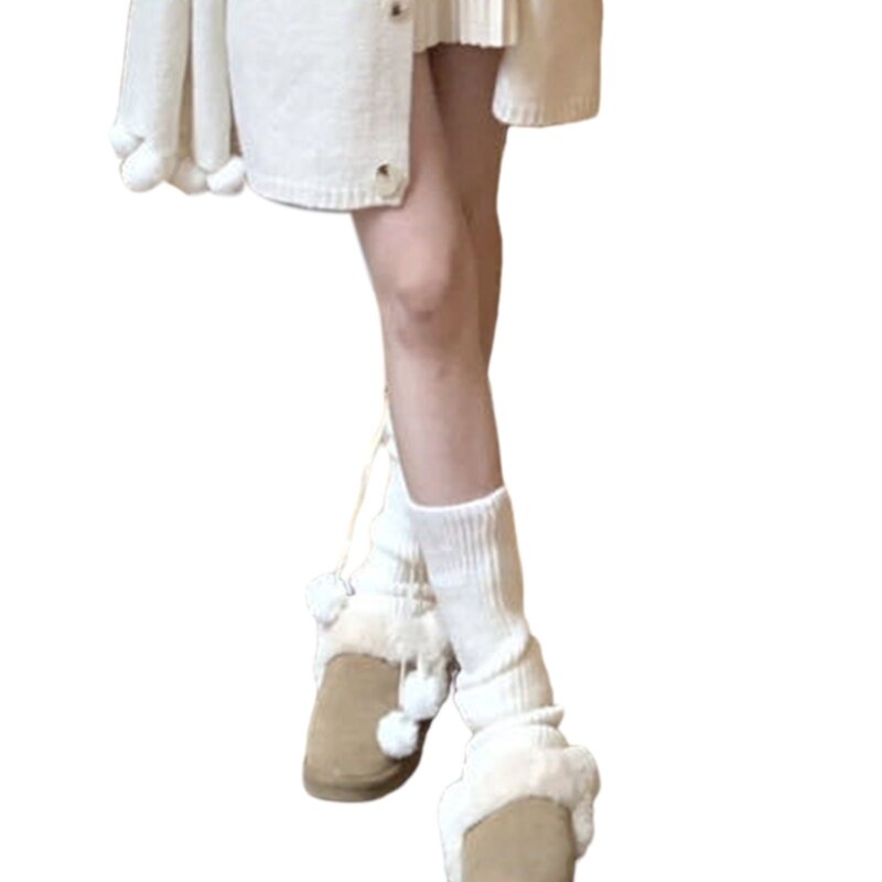 여성 플러시 볼 레그 워머 니트 긴 다리 양말 따뜻한 학생 소녀 부츠 양말 Dropship