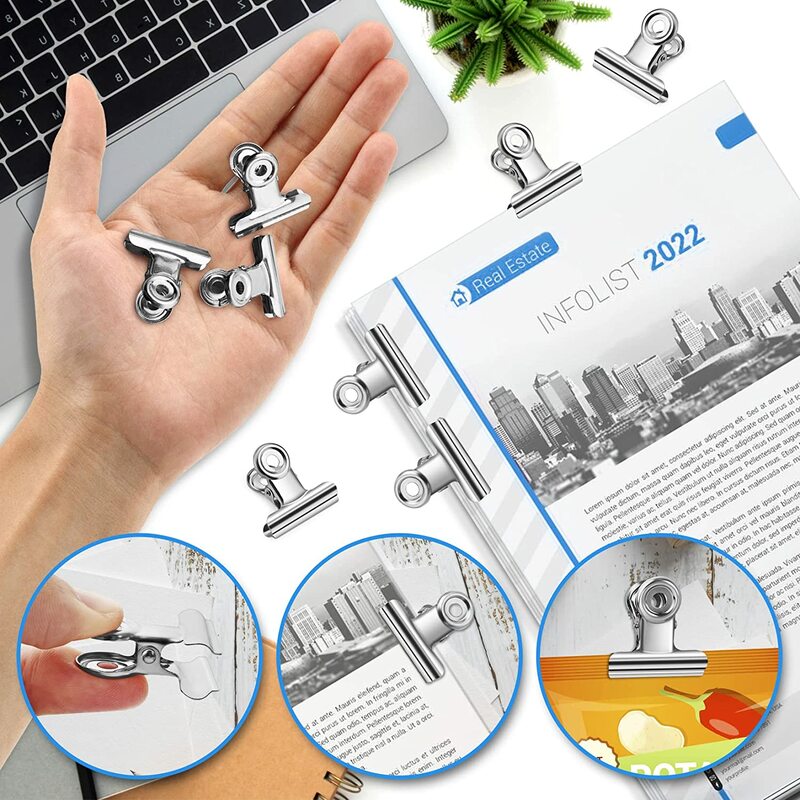 15Pcs Metal Clips Ticket Paper Stationery Bulldog Clips Hinge Clips Stainless Steel Clamps with Pushpin for Home Office Supply