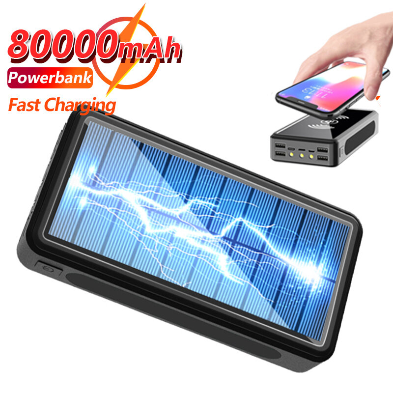 Solar Power Bank 80000mAh Wireless Portable Charger Outdoor Power Bank  External Battery Poverbank for Xiaomi Mi Samsung IPhone