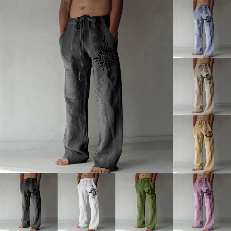 Calça casual solta masculina, comprimento total, de linho macio, bolso de cintura média, calça com cordão, streetwear verão