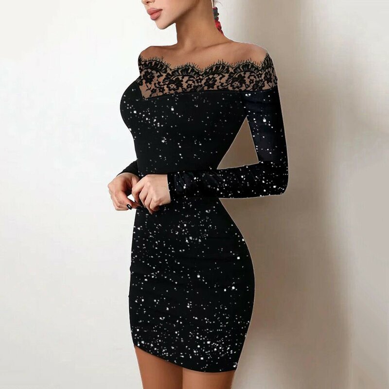Women's Dress Vintage Floral Sequin See Though Lace Patchwork Long Sleeve Boat Neck Swing Dress Gown Prom Cocktail Party Dresses