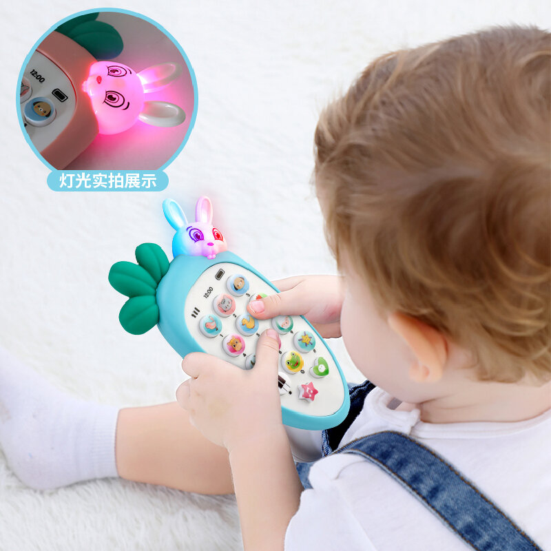 Mainan ponsel musik simulasi wortel kelinci, silikon dapat mengunyah ponsel hadiah properti pembelajaran pendidikan bayi