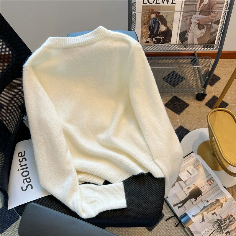 Модный однобортный вязаный свитер в Корейском стиле с круглым вырезом, Осень-зима 2023, Простой повседневный свободный мягкий жемчужный женский свитер