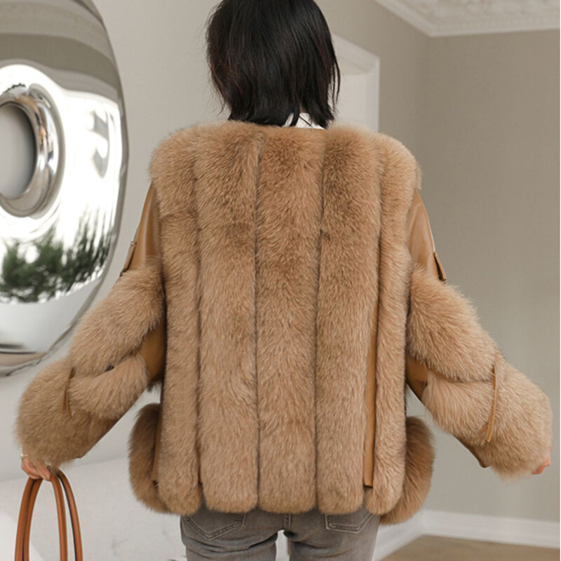 Abrigo de piel de zorro Natural para mujer, chaqueta de empalme de piel de oveja Real de alta gama, cálida, corta, de lujo, novedad de 2023