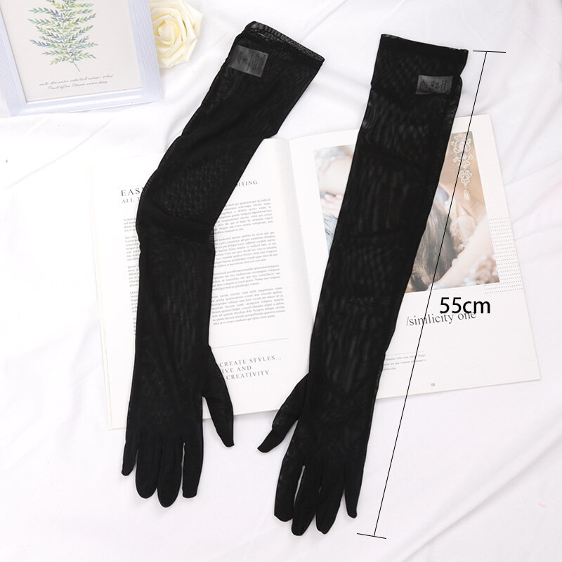 1 paio di guanti a rete da donna con protezione solare traspirante in pizzo Sexy sottile trasparente lungo sopra il gomito elasticità senza cuciture