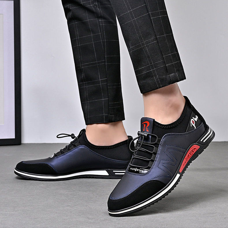 Sepatu olahraga kulit pria, sneaker Slip Heel kasual, pakaian kantor bisnis luar ruangan