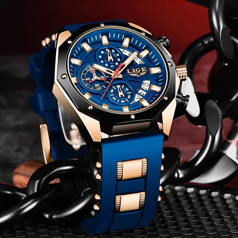 LIGE 패션 남성 시계, 탑 브랜드 럭셔리 실리콘 스포츠 시계, 쿼츠 날짜 시계, 방수 손목시계, 크로노그래프 시계