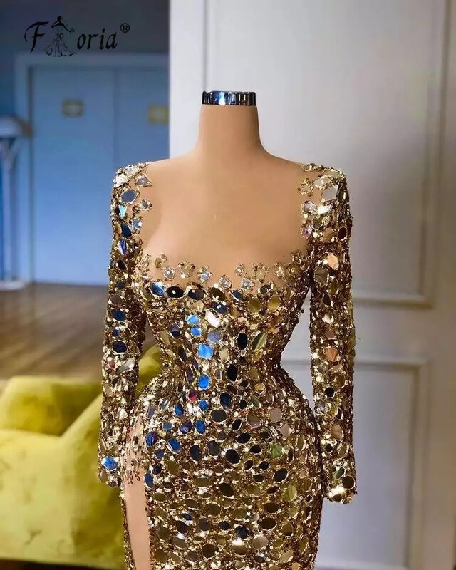 Vestidos De Noche Arabic Gold Crystals Evening Dresses 2023 Sparkly Dubai Long Sleeve Prom Gown Celebrity Party Dress Gorgeous