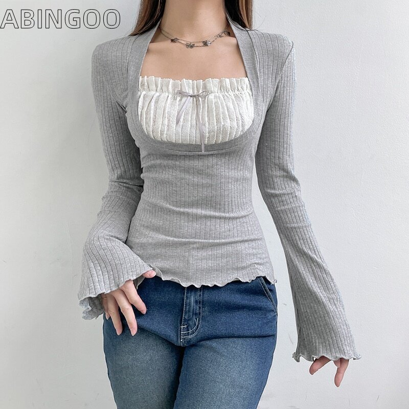 ABINGOO-camiseta feminina com pescoço quadrado, blusa de renda plissada, slim fit, manga micro flare, street wear, painel de contraste, elegante, fofo, Y2K