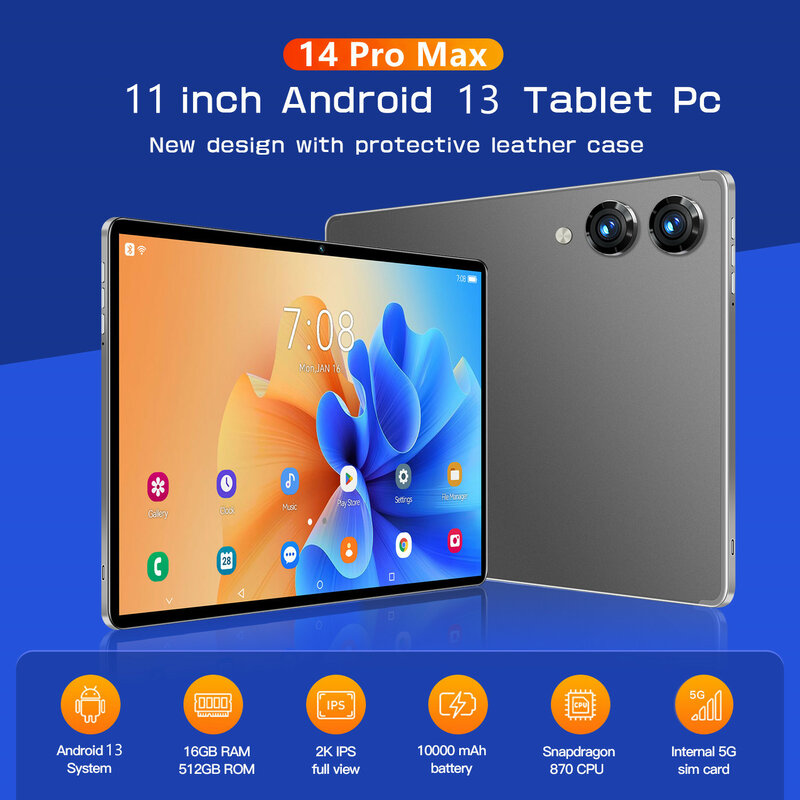 Versão Global 14 Pro Max Android 13 Tablet, 5G Dual SIM, Chamada Telefônica, GPS, Bluetooth, WiFi, WPS, PC, 16GB, 512GB, 10000mAh, Novo, 2021